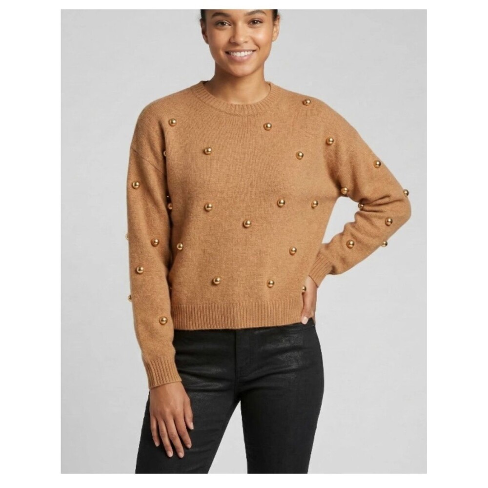 Alice + Olivia Tan Gold Wool Blend Metal Ball Boxy Crop Gleeson Sweater Small